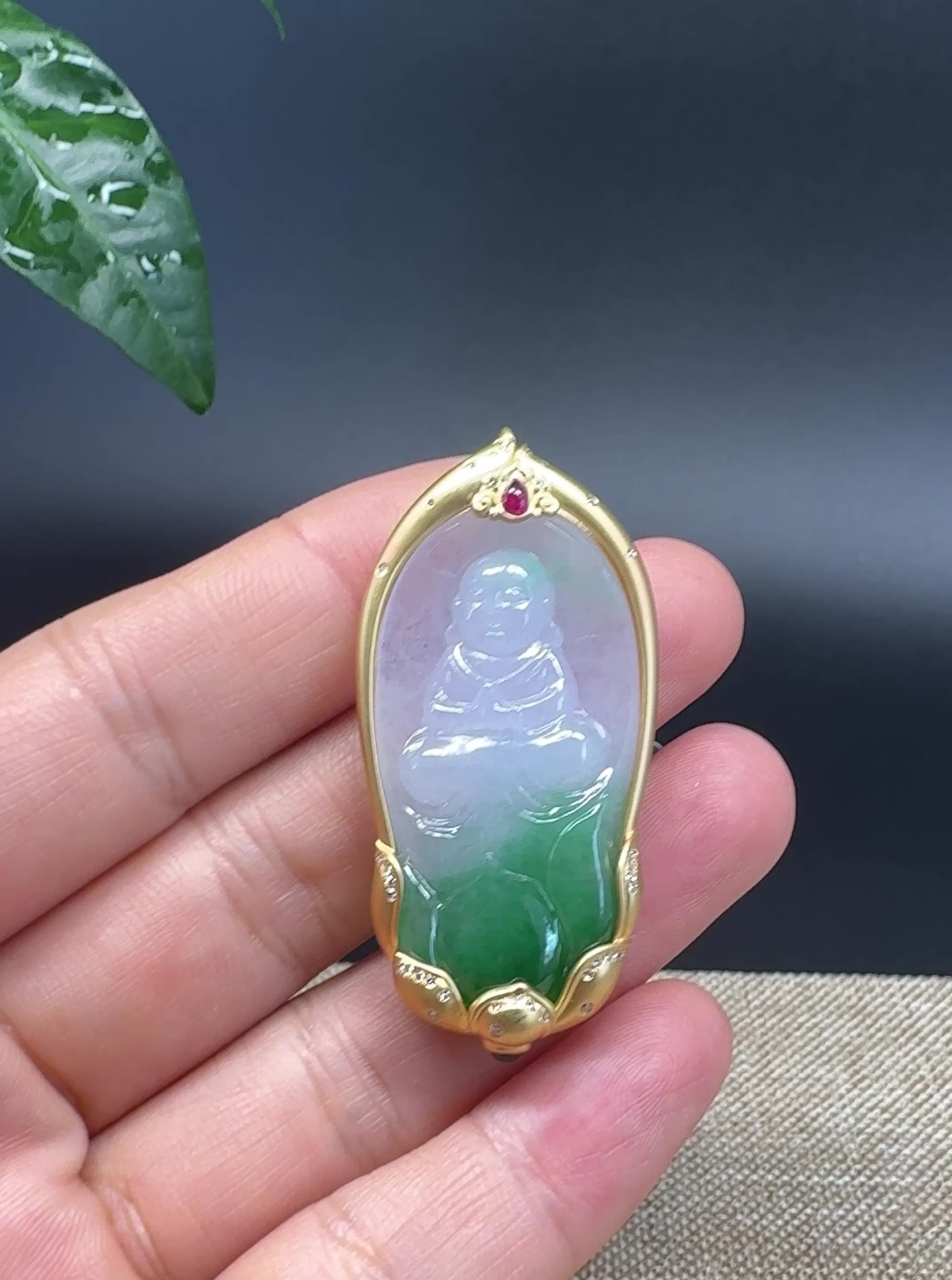 Load and play video in Gallery viewer, High-end 18K Yellow Gold  Burmese White Green Jadeite Jade Tongzi Pendant with Diamond
