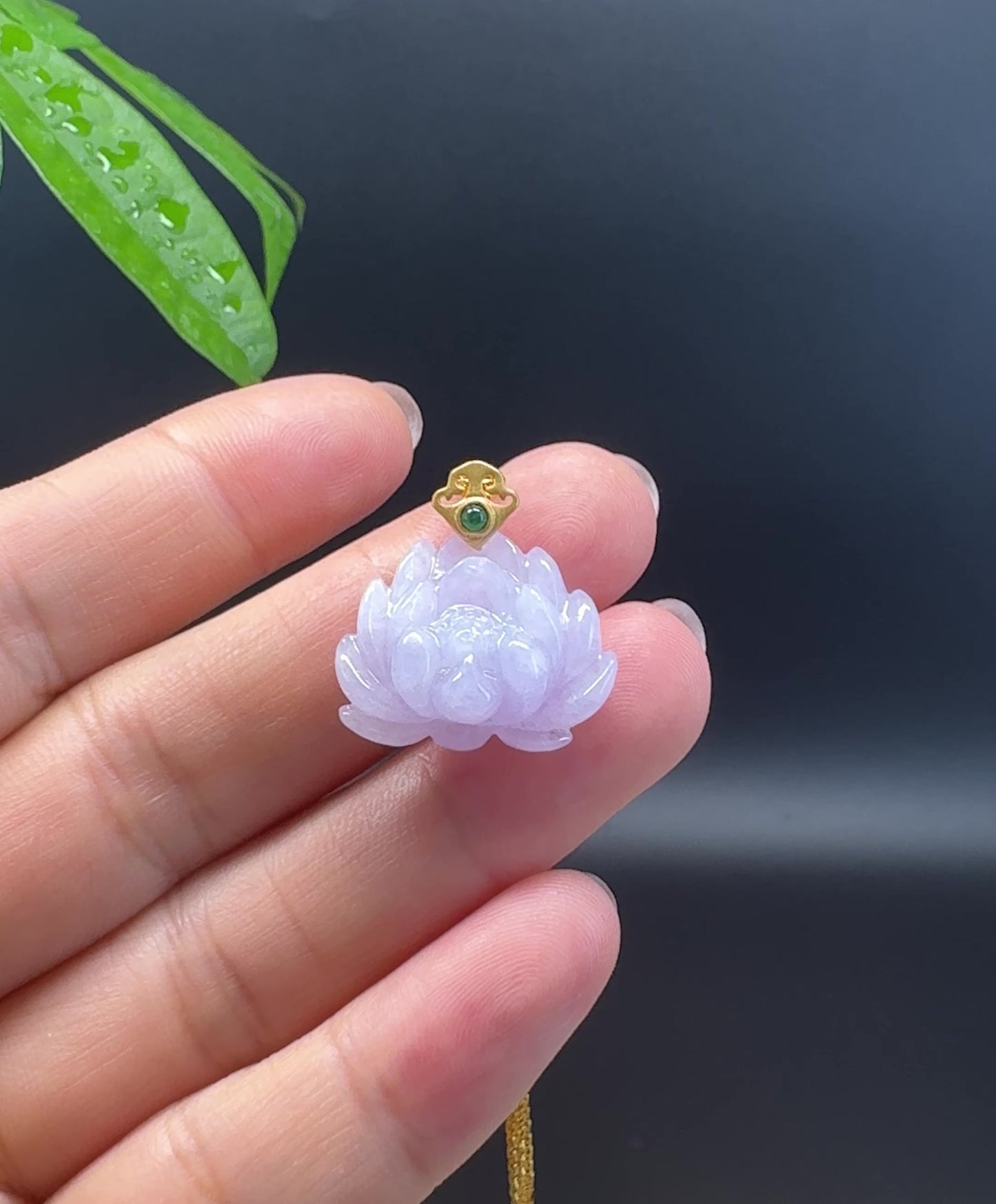 Load and play video in Gallery viewer, RealJade® Co. Genuine Lavender Jadeite Jade Good Lotus  Necklace With 18K Yellow Gold Bail
