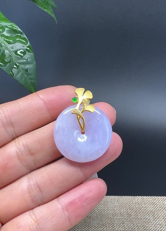 Load and play video in Gallery viewer, &amp;quot;Good Luck Button&amp;quot;Lavender Jadeite Jade Lucky KouKou Pendant With 18K Yellow Gold  Bail
