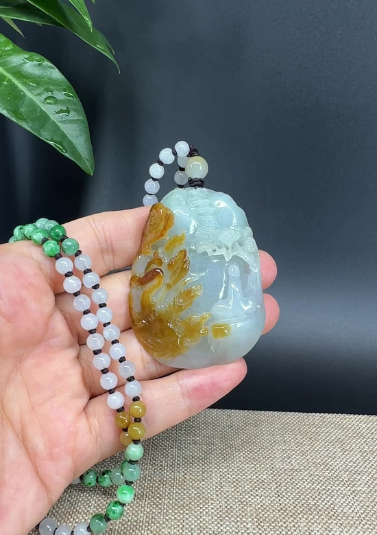 Load and play video in Gallery viewer, RealJade® Co.  Genuine Burmese Jadeite Jade Yellow Green Guanyin Pendant Necklace
