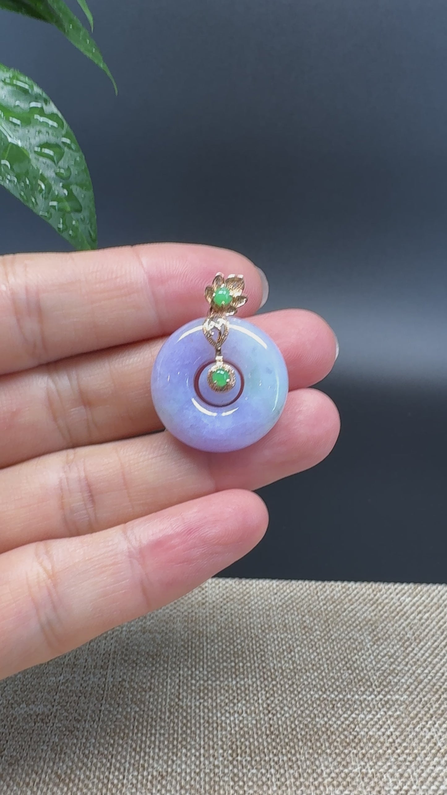 Load and play video in Gallery viewer, &amp;quot;Good Luck Button&amp;quot; Lavender Jadeite Jade Lucky KouKou Pendant With 18K Yellow Gold Diamond Bail
