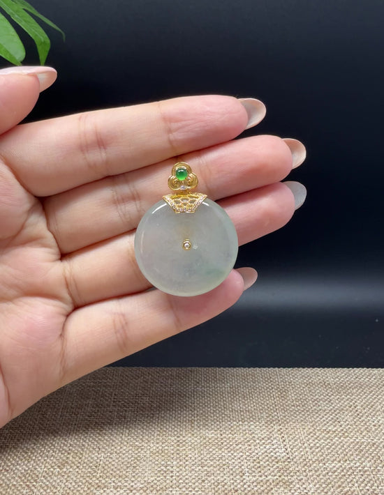 Load and play video in Gallery viewer, &amp;quot;Good Luck Button&amp;quot;Icy Green Jadeite Jade Lucky KouKou Pendant With 18K Yellow Gold Bail
