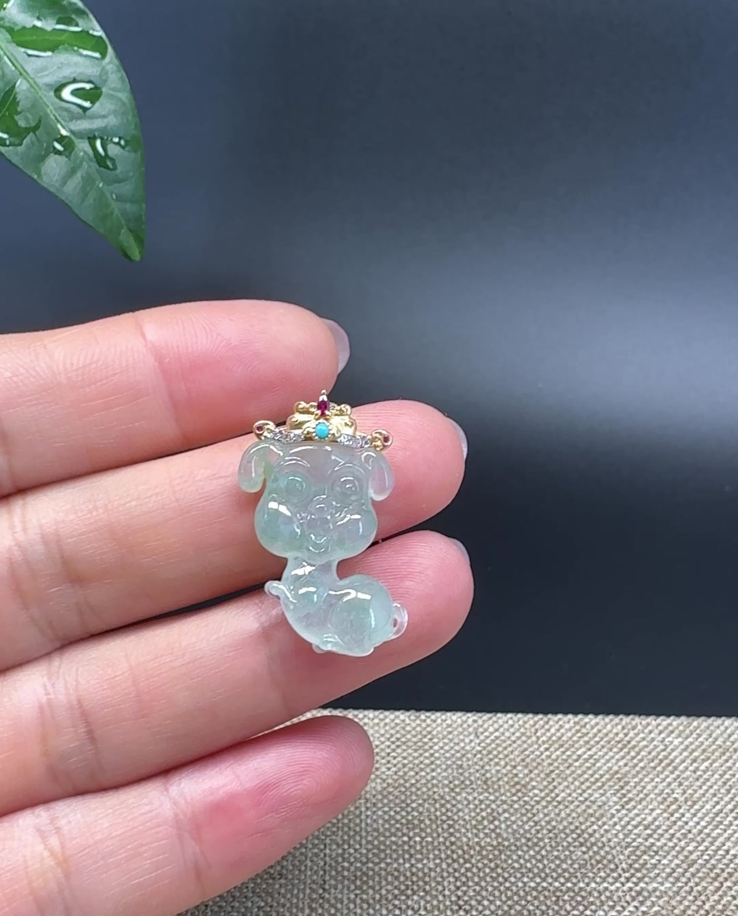 Load and play video in Gallery viewer, &amp;quot;Good Luck Button&amp;quot; Ice Jadeite Jade Puppy Dog Pendant With 18K Yellow Gold  Diamond Bail
