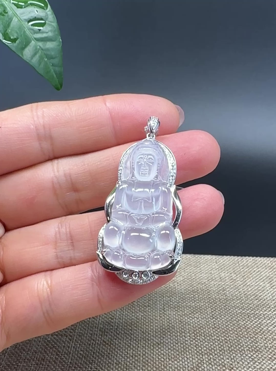 Load and play video in Gallery viewer, High-end 18K White Gold Burmese Icy Jadeite Jade Guanyin Pendant with Diamond
