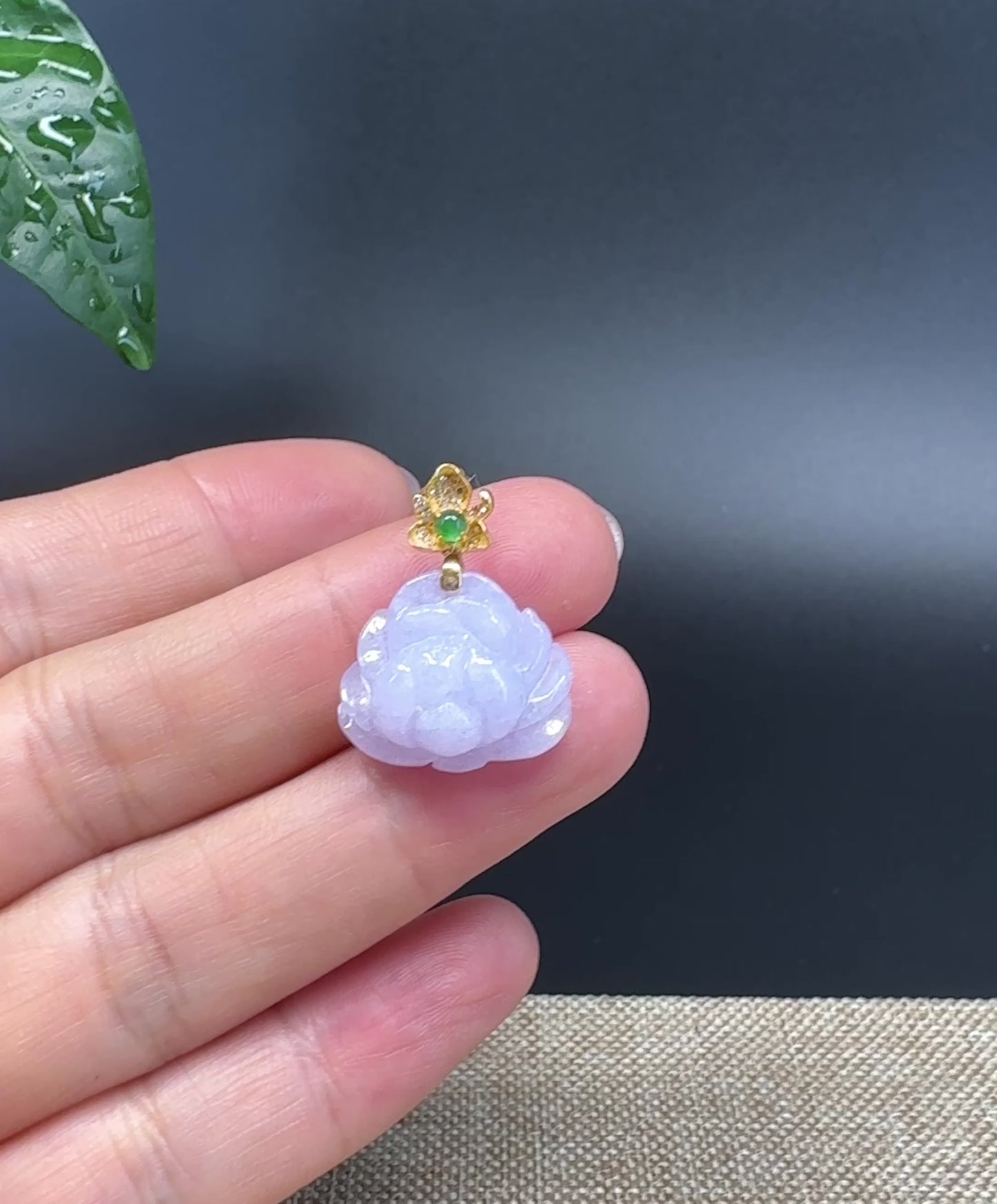 Load and play video in Gallery viewer, &amp;quot;Good Luck Button&amp;quot; Lavender Jadeite Jade Lotus Pendant With 18K Yellow Gold Bail
