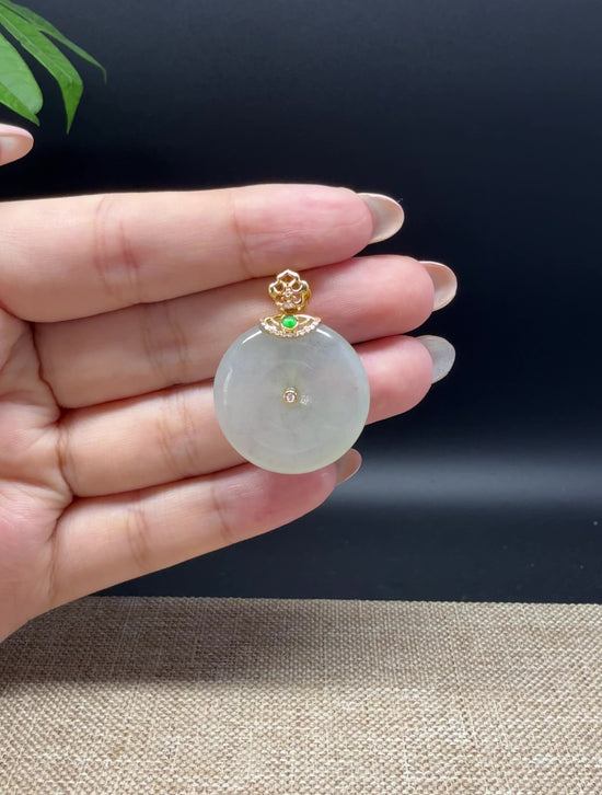 Load and play video in Gallery viewer, &amp;quot;Good Luck Button&amp;quot;Icy Green Jadeite Jade Lucky KouKou Pendant With 18K Yellow Gold Bail
