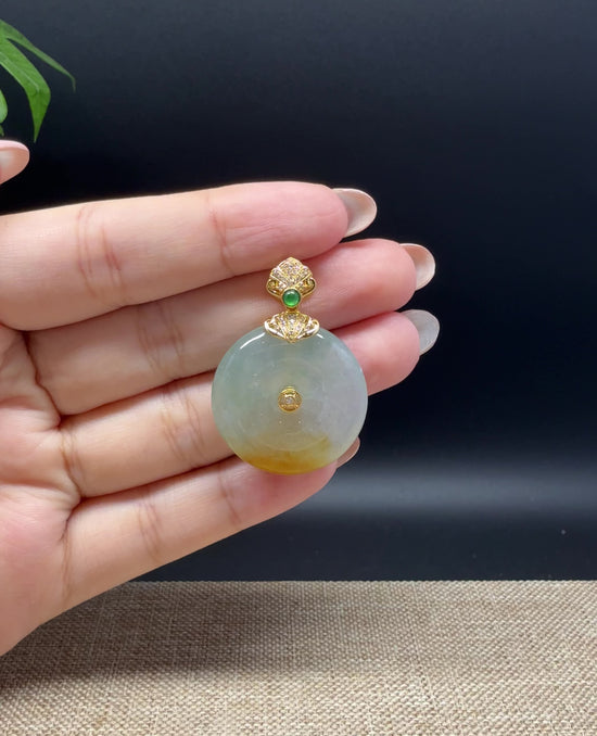 Load and play video in Gallery viewer, &amp;quot;Good Luck Button&amp;quot;Icy Yellow Green Jadeite Jade Lucky KouKou Pendant With 18K Yellow Gold Bail
