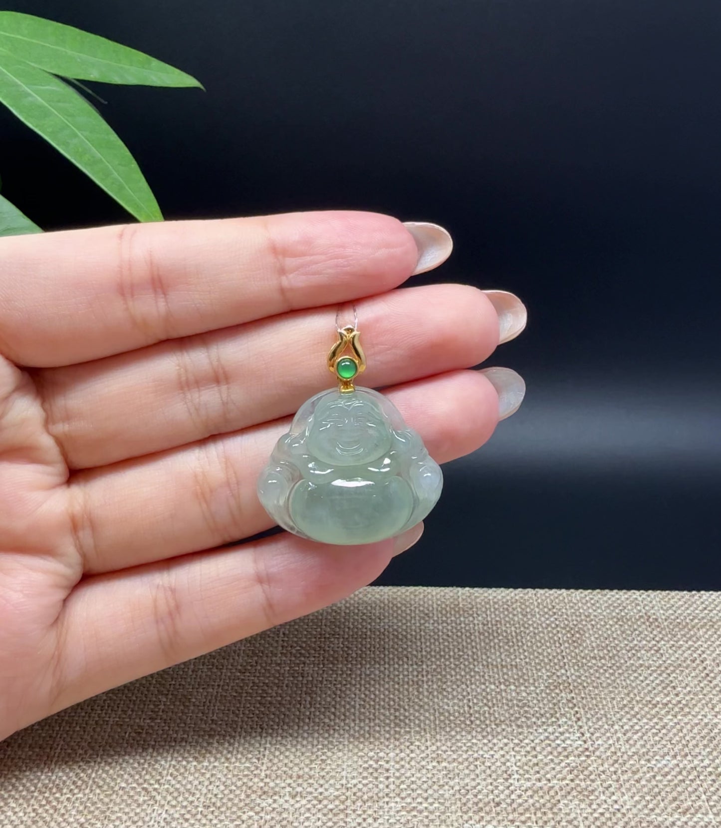 Load and play video in Gallery viewer, 18K Yellow Gold Burmese Icy Green Jadeite Jade Happy Buddha Pendant
