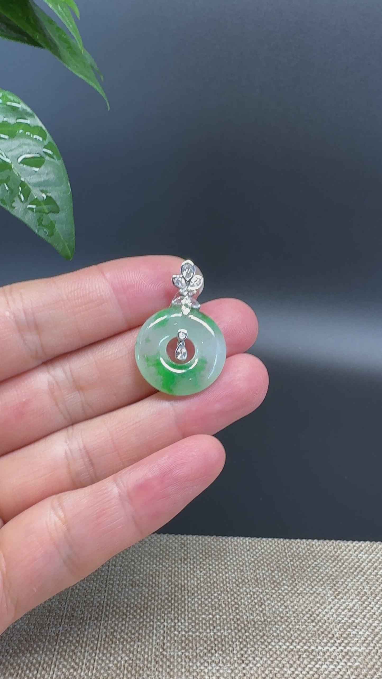 Load and play video in Gallery viewer, &amp;quot;Good Luck Button&amp;quot; Icy Green Jadeite Jade Lucky KouKou Pendant With 18K White Gold Diamond Bail
