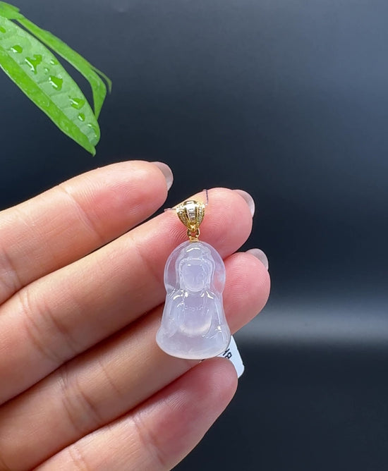 Load and play video in Gallery viewer, High-end 18K Yellow Gold Burmese Icy Jadeite Jade Guanyin Pendant with Diamond
