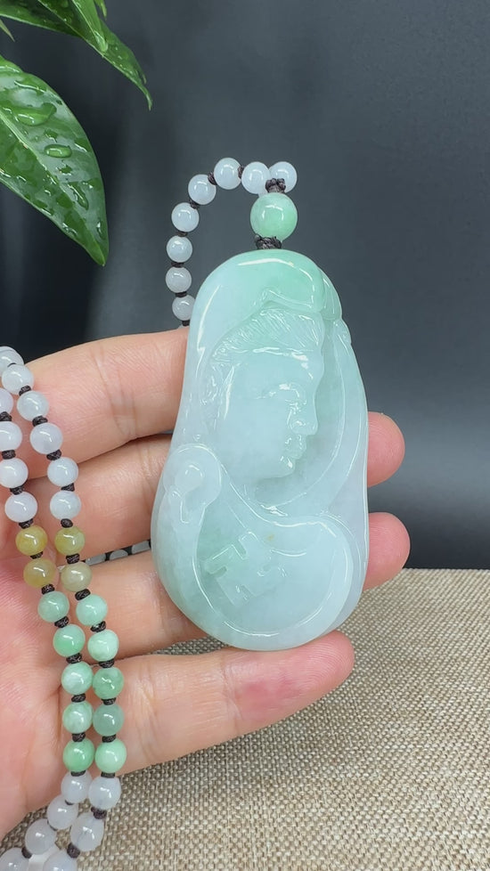 Load and play video in Gallery viewer, RealJade® Co.  Genuine Burmese Jadeite Jade White Green Guanyin Pendant Necklace
