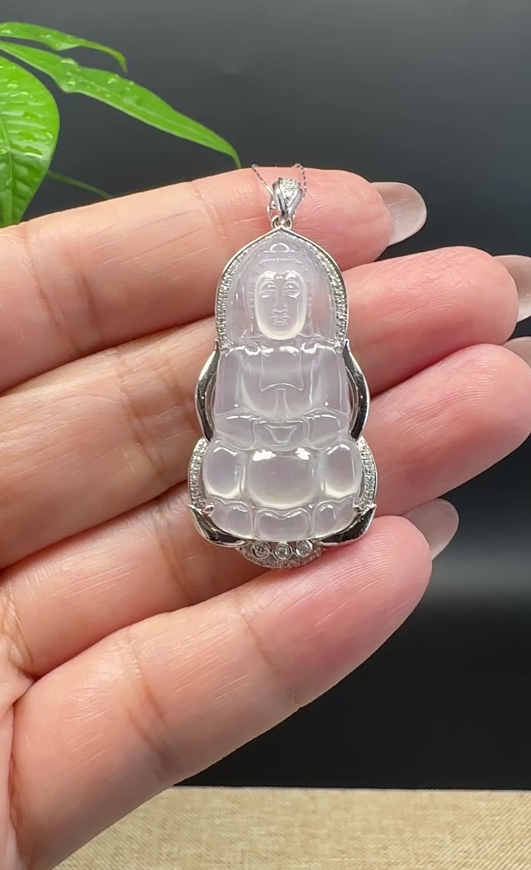 Load and play video in Gallery viewer, High-end 18K White Gold Burmese Icy Jadeite Jade Guanyin Pendant with Diamond
