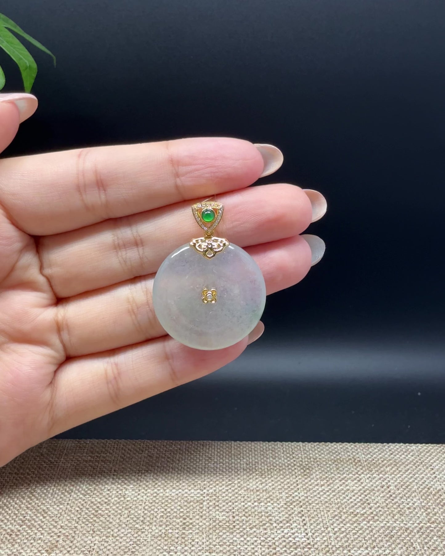 Load and play video in Gallery viewer, &amp;quot;Good Luck Button&amp;quot;Icy Green Jadeite Jade Lucky KouKou Pendant With 18K Yellow Gold Bail
