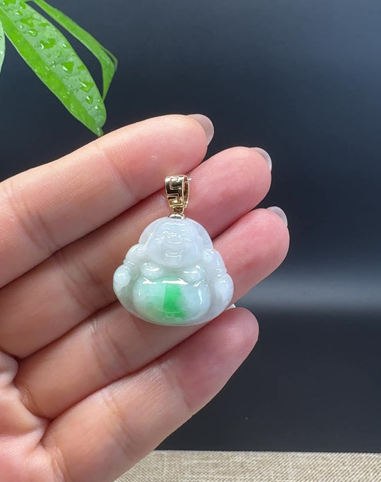 Load and play video in Gallery viewer, 14K Yellow Gold Burmese White Green Jadeite Jade Happy Buddha Pendant
