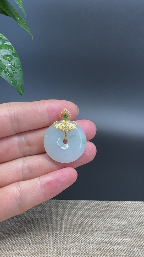 Load and play video in Gallery viewer, &amp;quot;Good Luck Button&amp;quot; Green Jadeite Jade Lucky KouKou Pendant With 18K Yellow Gold
