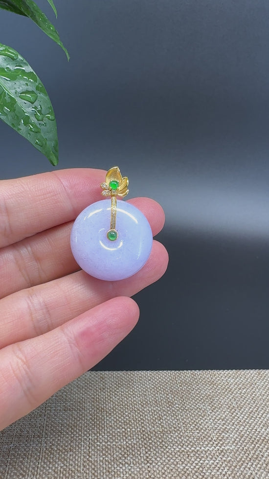 Load and play video in Gallery viewer, &amp;quot;Good Luck Button&amp;quot; Lavender Jadeite Jade Lucky KouKou Pendant With 18K Yellow Gold Bail
