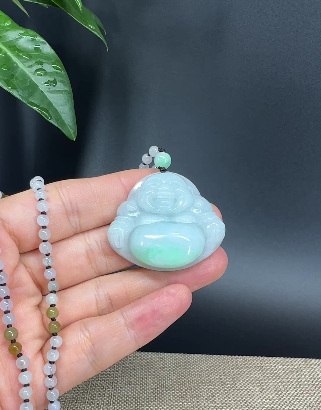 Load and play video in Gallery viewer, RealJade® Co.  Genuine Burmese Jadeite Jade White Green Happy Buddha Pendant Necklace
