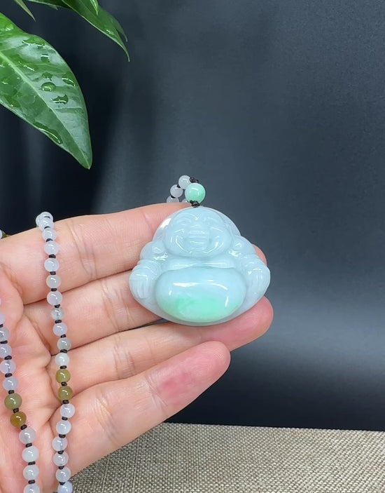 Load and play video in Gallery viewer, RealJade® Co.  Genuine Burmese Jadeite Jade White Green Happy Buddha Pendant Necklace
