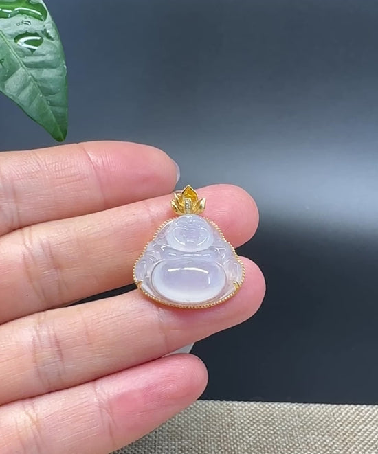 Load and play video in Gallery viewer, High-end 18K Yellow Gold Burmese Icy Jadeite Jade Happy Buddha Pendant with Diamond
