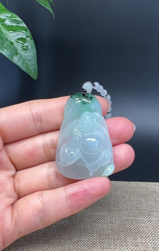 Load and play video in Gallery viewer, RealJade® Co.  Genuine Burmese Jadeite Jade Icy Green Happy Buddha Pendant Necklace
