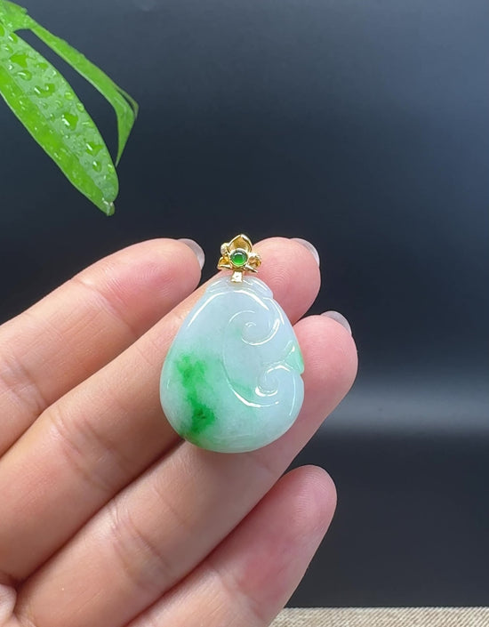 Load and play video in Gallery viewer, RealJade® Co. Genuine White Green Jadeite Jade Good Luck RuYi Necklace With 18K Yellow Gold Bail
