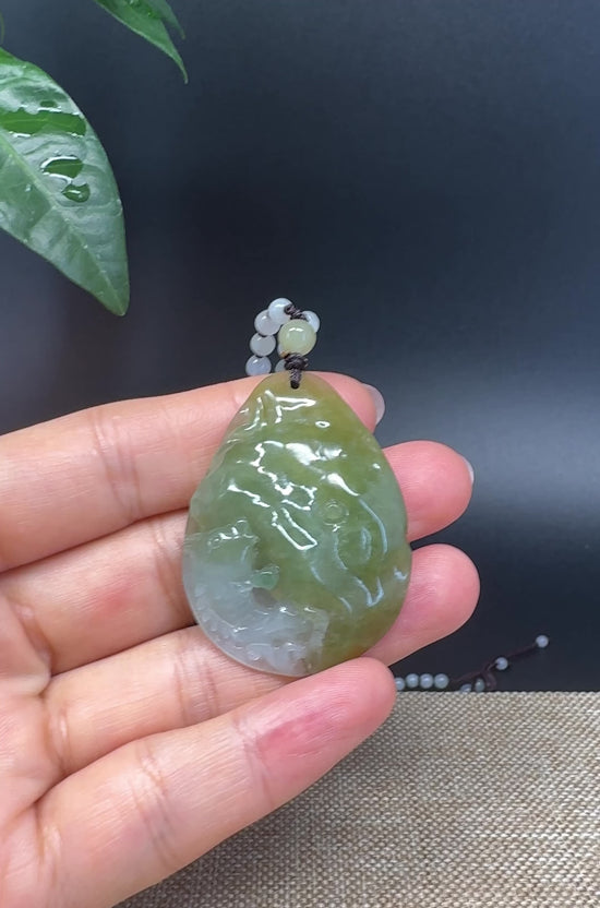 Load and play video in Gallery viewer, RealJade® Co. Genuine Burmese Jadeite Jade Yellow Green Fish Pendant Necklace
