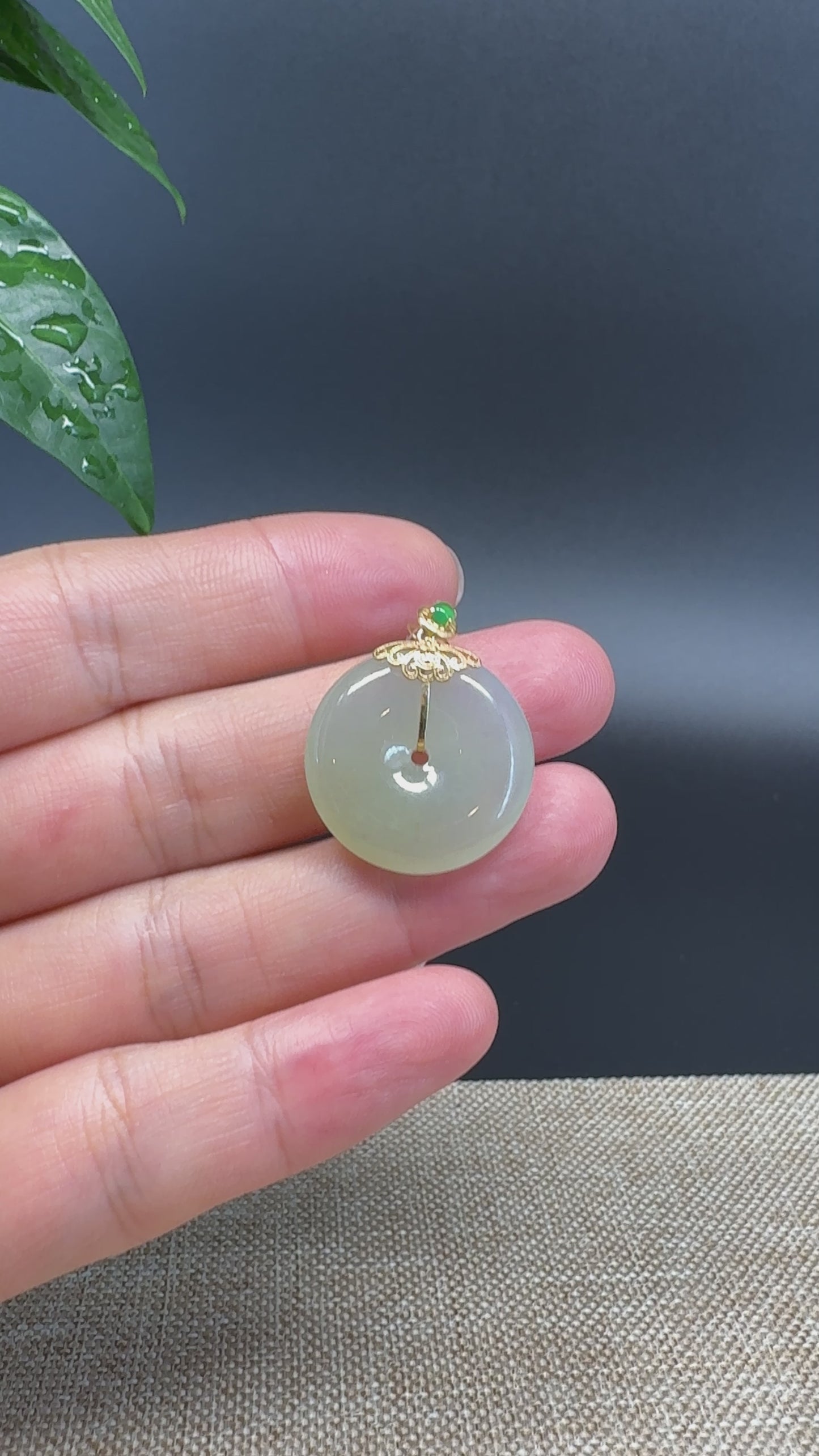 Load and play video in Gallery viewer, &amp;quot;Good Luck Button&amp;quot; Yellow Jadeite Jade Lucky KouKou Pendant With 18K Yellow Gold Diamond Bail
