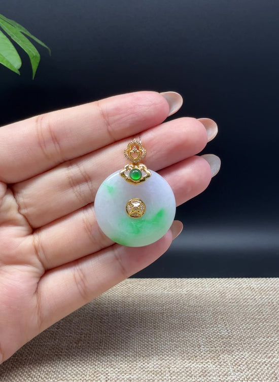 Load and play video in Gallery viewer, &amp;quot;Good Luck Button&amp;quot; Lavender Green Jadeite Jade Lucky KouKou Pendant With 18K Yellow Gold Bail
