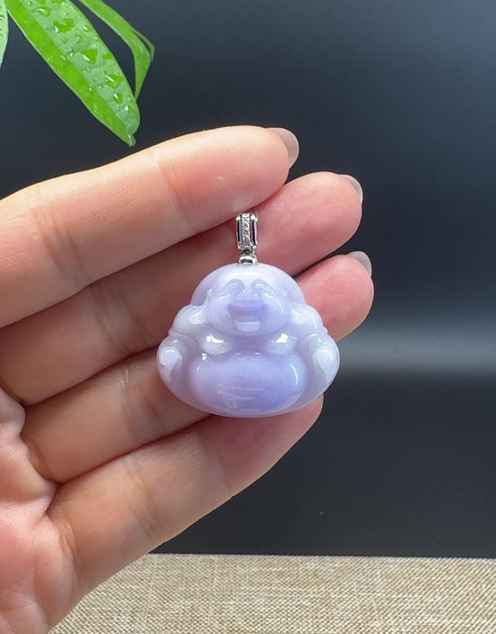 Load and play video in Gallery viewer, 14K White Gold Burmese Lavender Jadeite Jade Happy Buddha Pendant with Diamond
