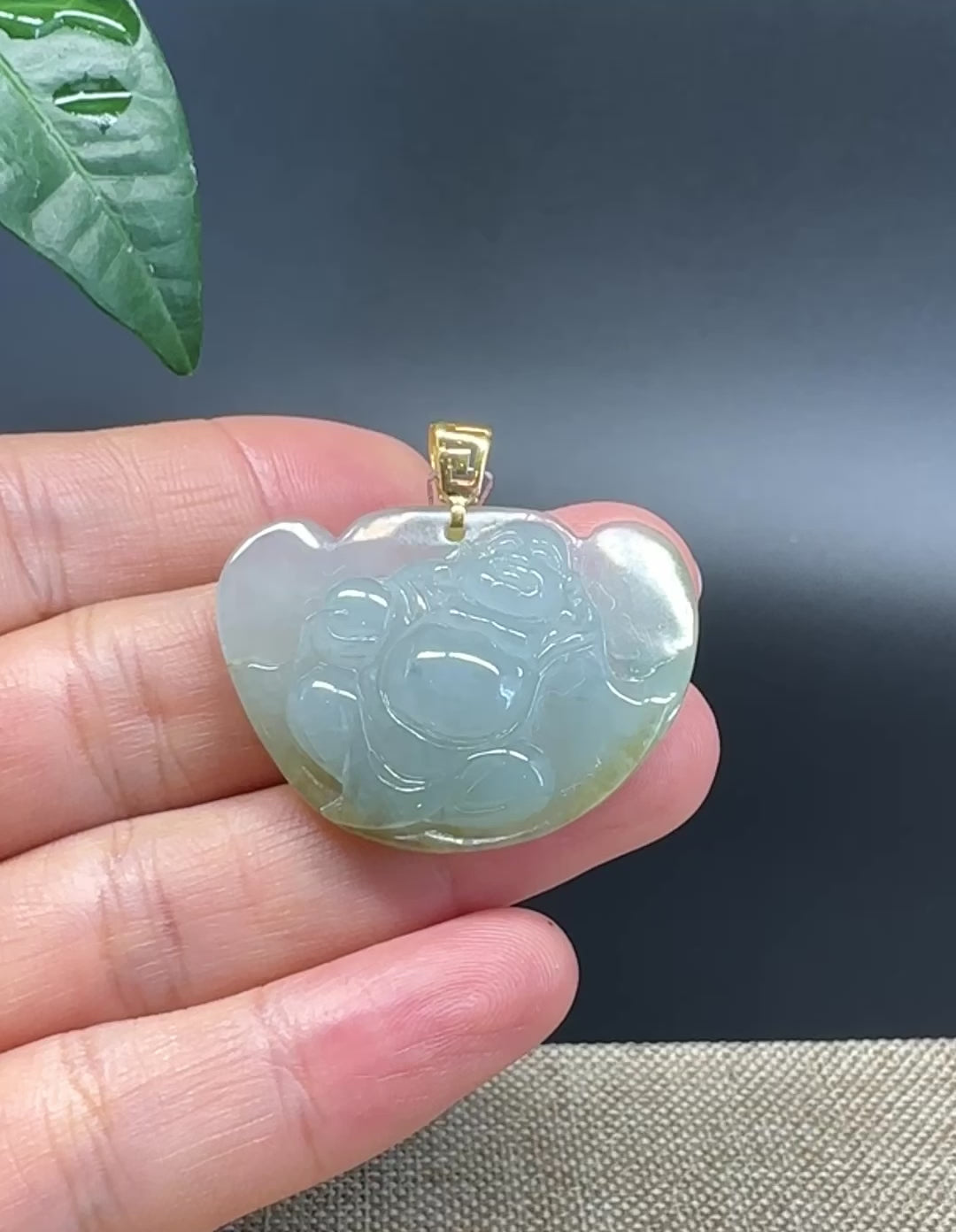 Load and play video in Gallery viewer, Burmese Green Jadeite Jade Happy Buddha Pendant With 18K Gold Bail
