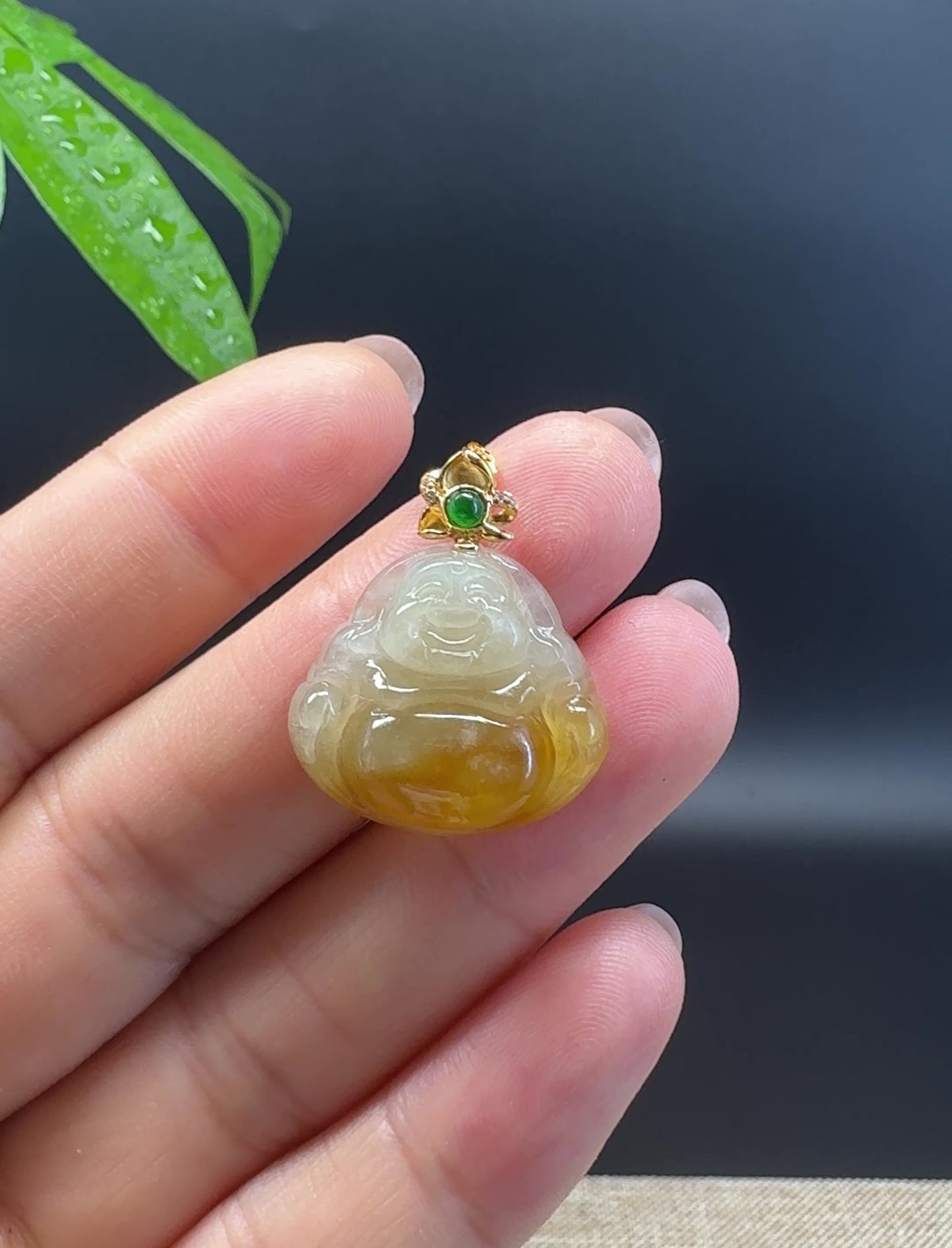 Load and play video in Gallery viewer, 18K Yellow Gold Burmese Icy Yellow Jadeite Jade Happy Buddha Pendant
