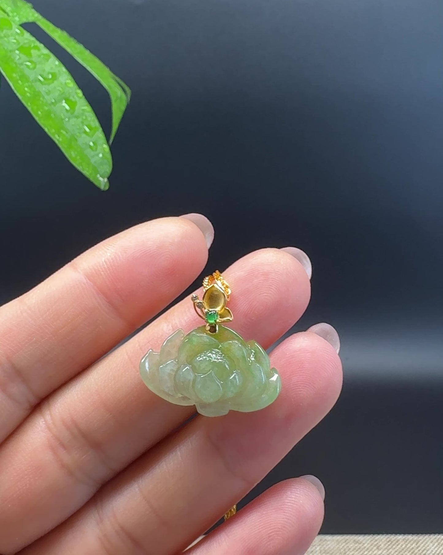 Load and play video in Gallery viewer, RealJade® Co. Genuine Ice Yellow Green  Jadeite Jade Good Lotus Necklace With 18K Yellow Gold Bail
