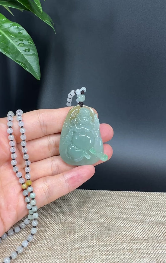 Load and play video in Gallery viewer, RealJade® Co.  Genuine Burmese Jadeite Jade Yellow Green Happy Buddha  Pendant Necklace
