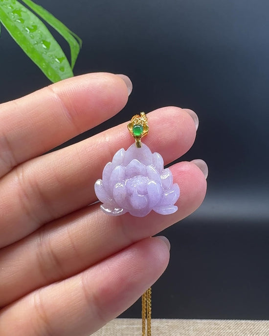 Load and play video in Gallery viewer, RealJade® Co. Genuine Lavender Jadeite Jade Lotus Necklace With 18K Yellow Gold Bail
