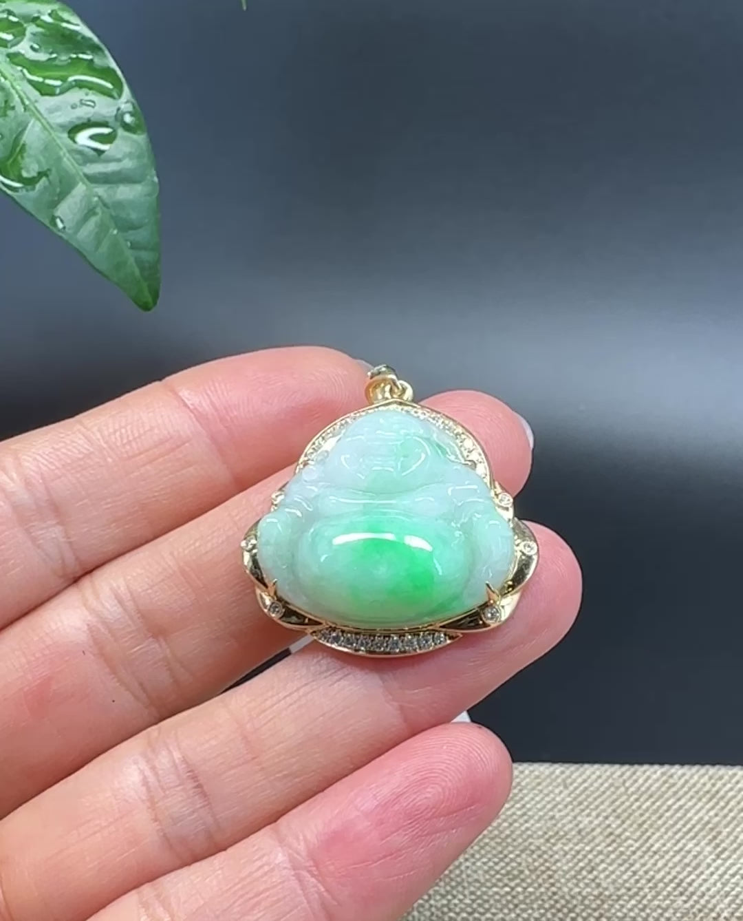 Load and play video in Gallery viewer, High-end 18K Yellow Gold Burmese White Green Jadeite Jade Happy Buddha Pendant with Diamond
