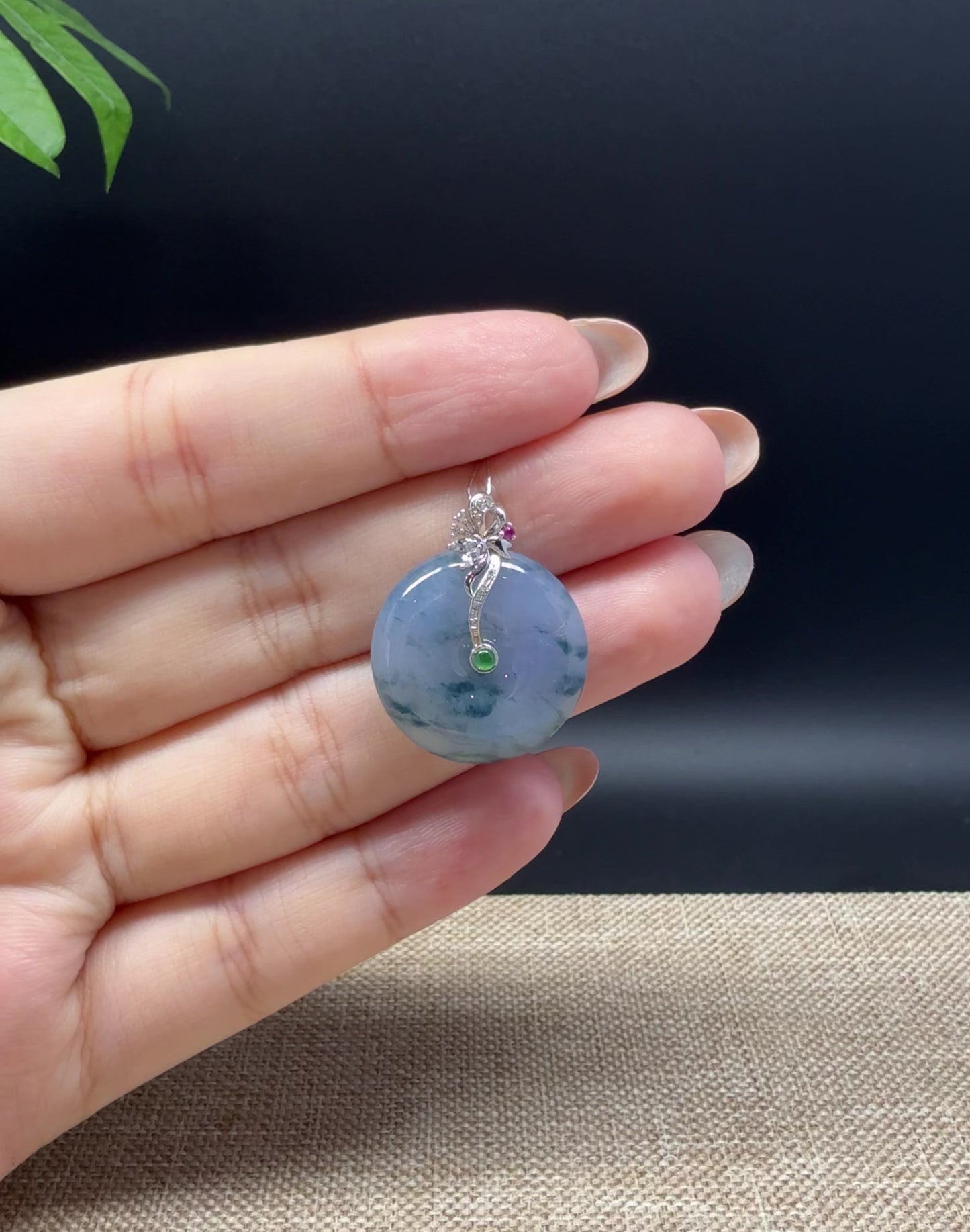 Load and play video in Gallery viewer, &amp;quot;Good Luck Button&amp;quot; Blue Lavender Jadeite Jade Lucky KouKou Pendant With 18K White Gold Bail
