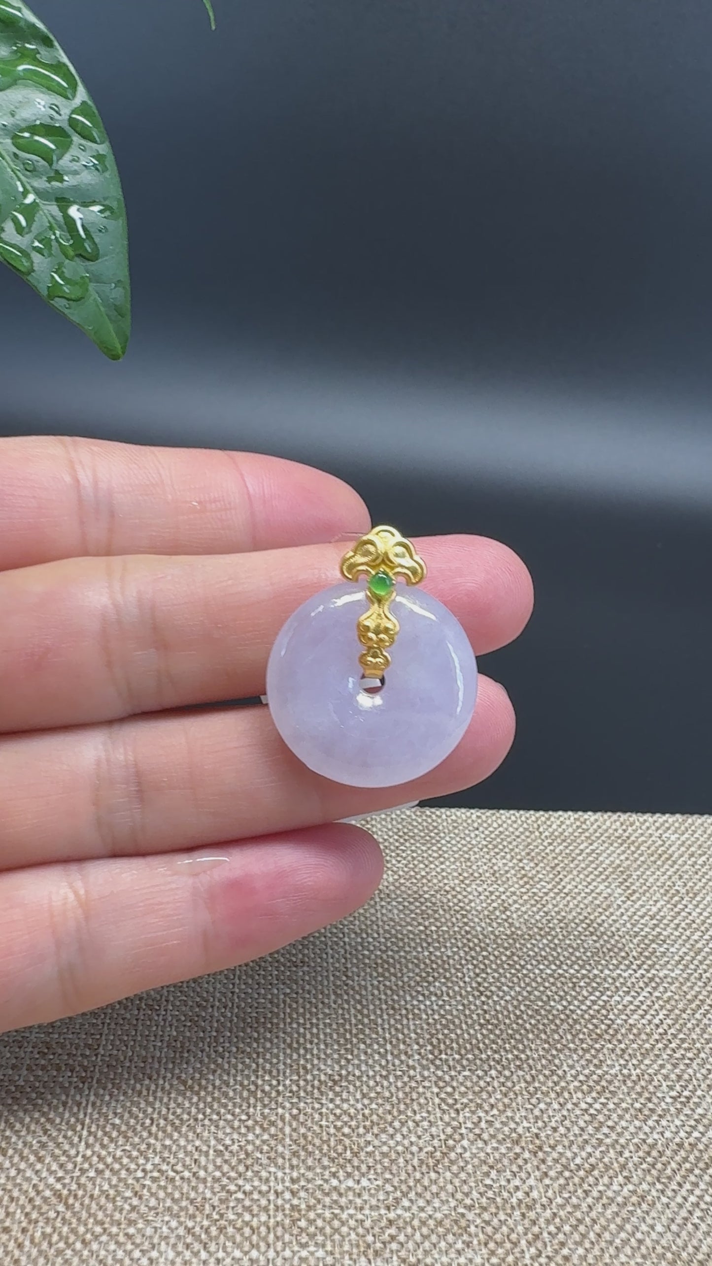 Load and play video in Gallery viewer, &amp;quot;Good Luck Button&amp;quot; Lavender Jadeite Jade Lucky KouKou Pendant With 18K Yellow Gold  Bail
