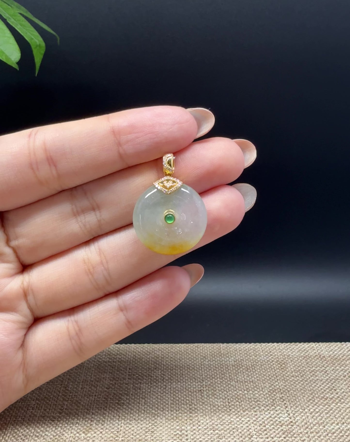 Load and play video in Gallery viewer, &amp;quot;Good Luck Button&amp;quot;Icy Yellow Green Jadeite Jade Lucky KouKou Pendant With 18K Yellow Gold Bail
