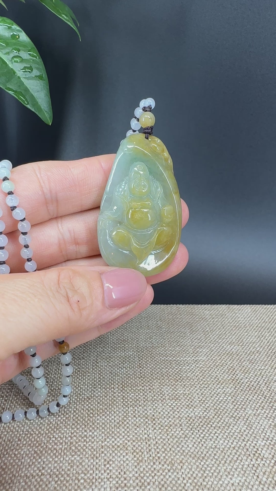 Load and play video in Gallery viewer, RealJade® Co.  Genuine Burmese Jadeite Jade Yellow Green Happy Buddha  Pendant Necklace
