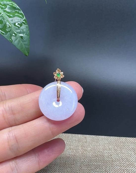 Load and play video in Gallery viewer, &amp;quot;Good Luck Button&amp;quot;Lavender Jadeite Jade Lucky KouKou Pendant With 18K Yellow Gold Bail
