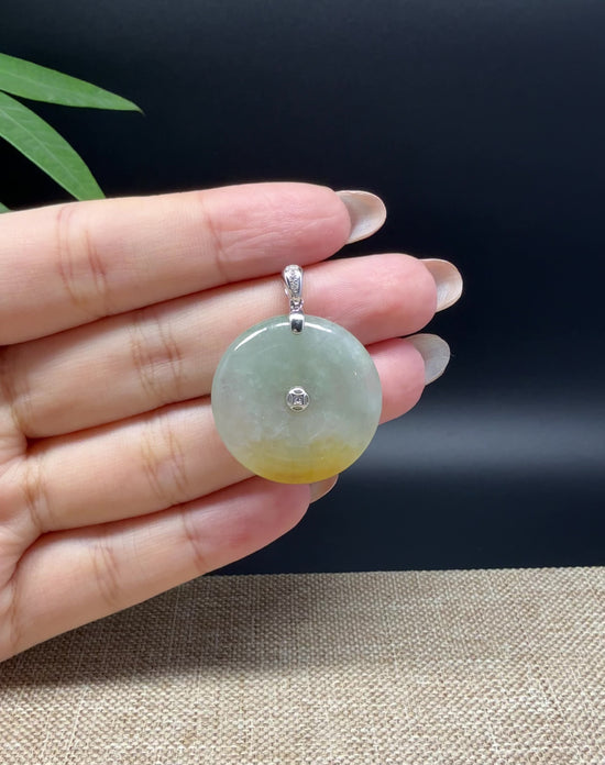 Load and play video in Gallery viewer, &amp;quot;Good Luck Button&amp;quot; Icy Yellow Green Jadeite Jade Lucky KouKou Pendant With 18K White Gold Bail
