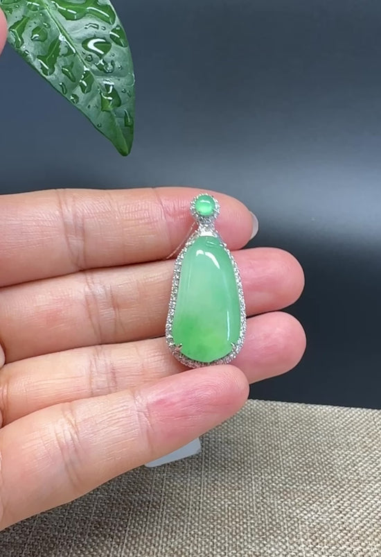 Load and play video in Gallery viewer, RealJade® Co. 18K White Gold Genuine Burmese Green Jadeite Jade Shou Tao Pendant
