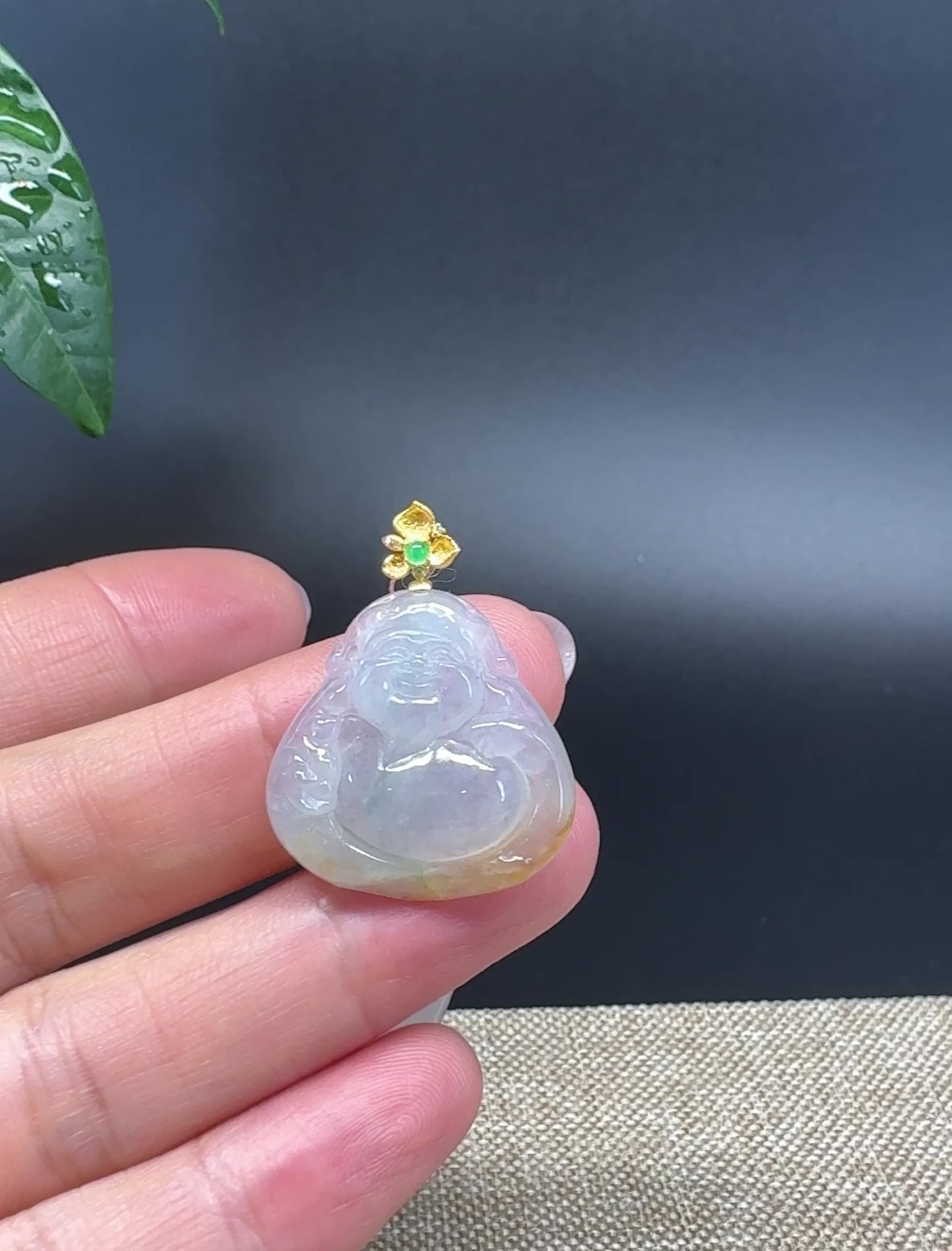 Load and play video in Gallery viewer, &amp;quot;Good Luck Button&amp;quot; Ice Yellow Jadeite Jade Happy Buddha Pendant With 18K Yellow Gold
