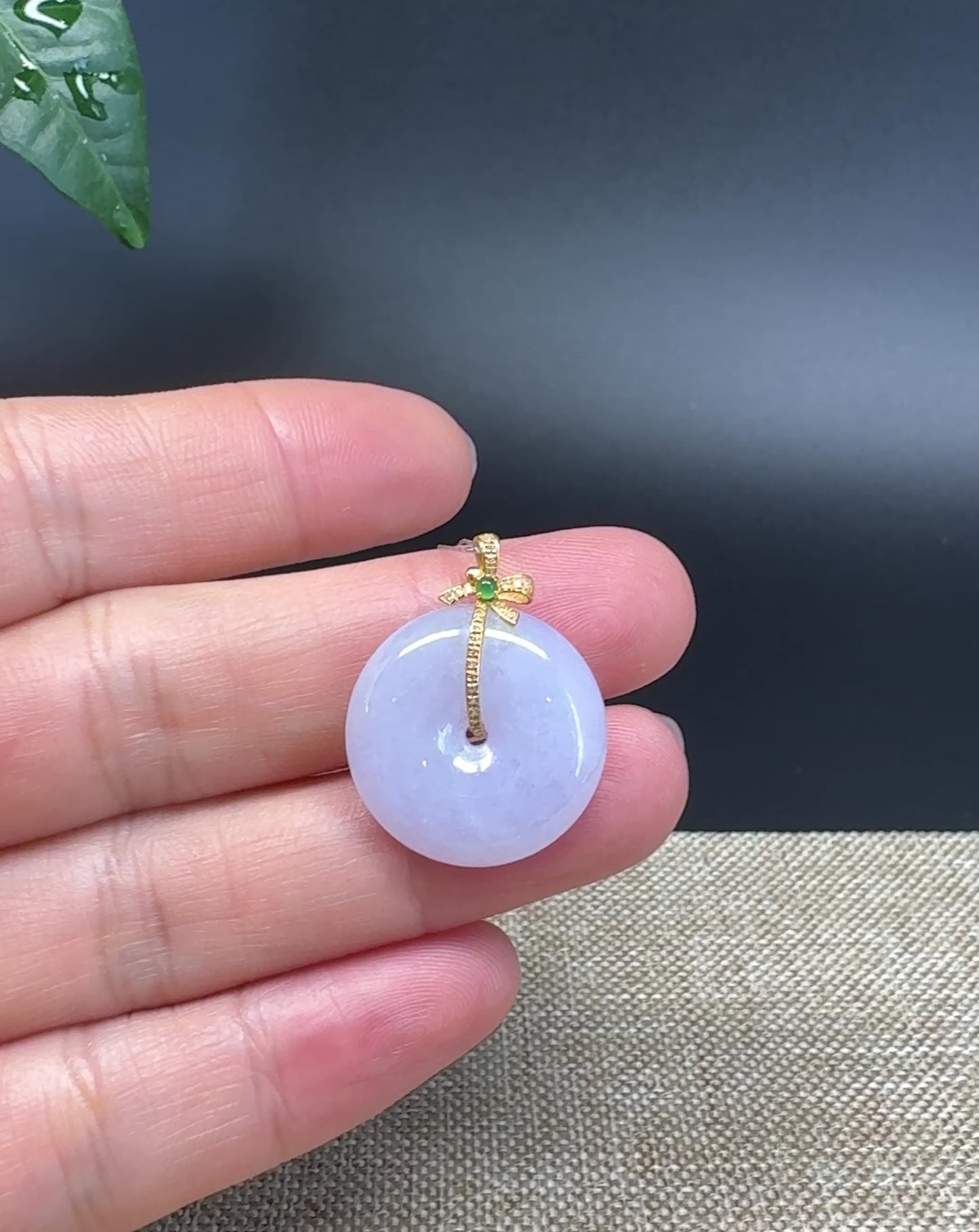 Load and play video in Gallery viewer, &amp;quot;Good Luck Button&amp;quot; Lavender Jadeite Jade Lucky KouKou Pendant With 18K Yellow Gold  Bail
