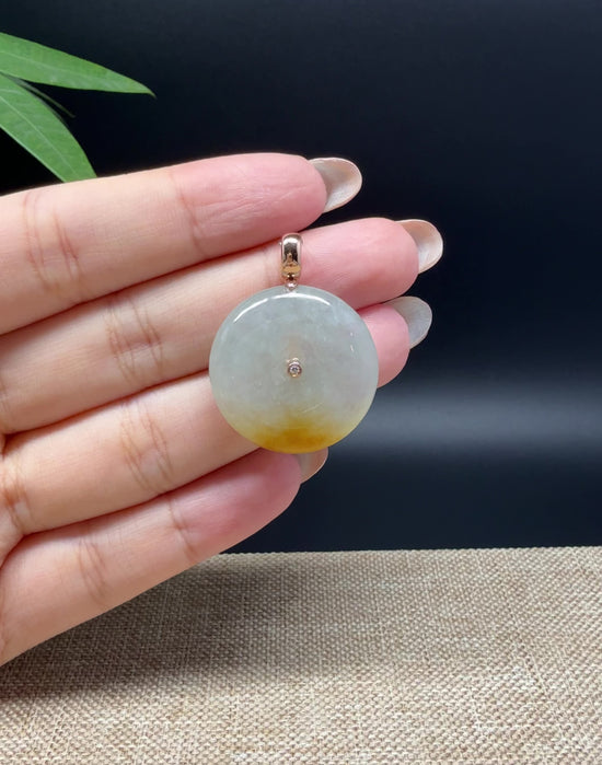 Load and play video in Gallery viewer, &amp;quot;Good Luck Button&amp;quot; Icy Yellow Jadeite Jade Lucky KouKou Pendant With 18K Rose Gold Bail
