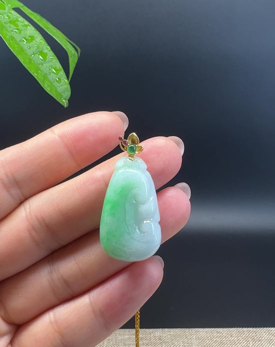 Load and play video in Gallery viewer, RealJade® Co. Genuine White Green Jadeite Jade Good Luck RuYi Necklace With 18K Yellow Gold Bail
