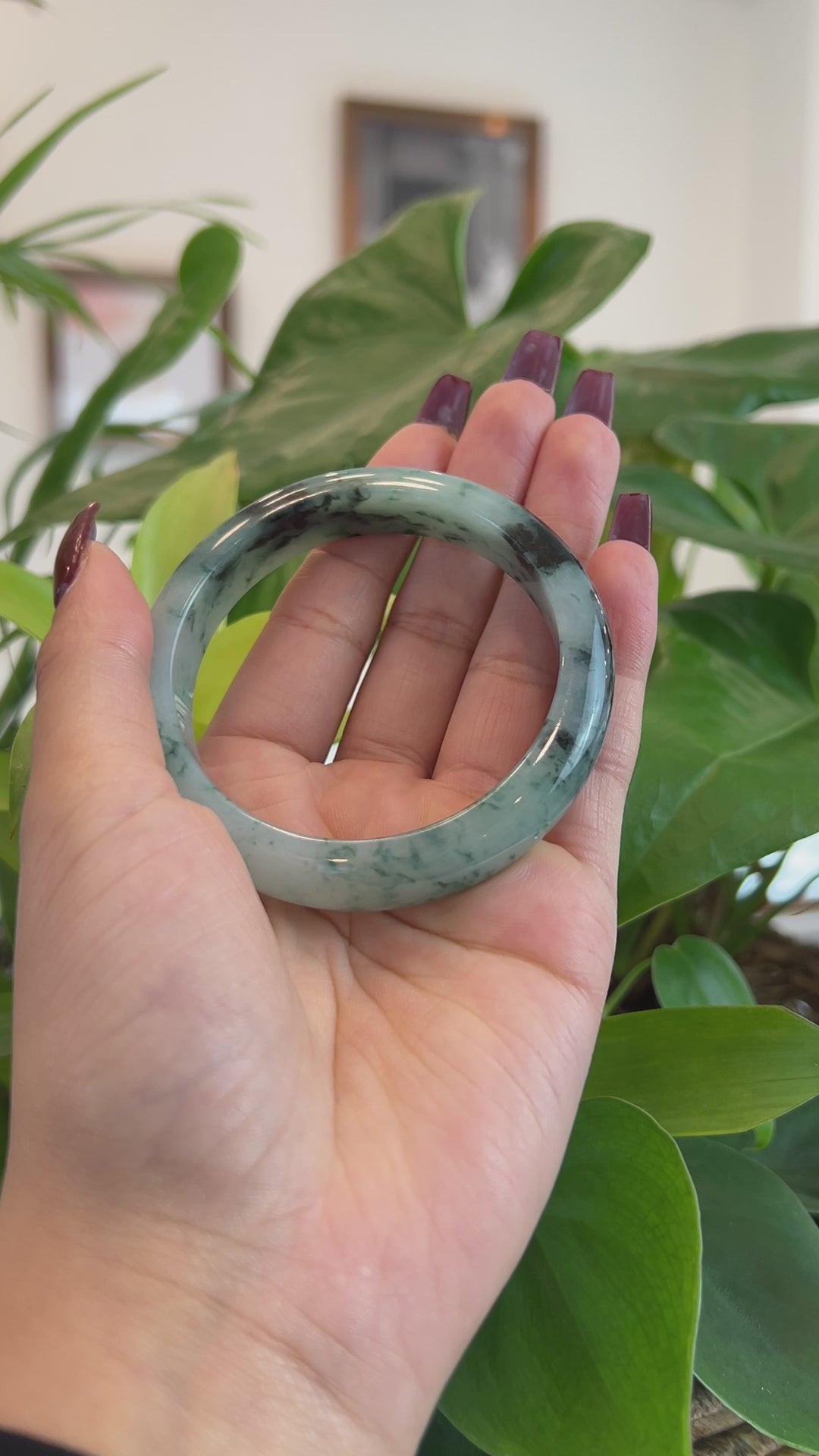 Load and play video in Gallery viewer, RealJade® Co. Natural Burmese Blue-green Jadeite Jade Bangle Bracelet (58.03mm)#T149
