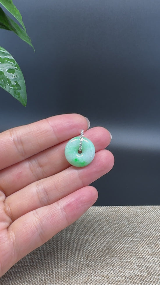 Load and play video in Gallery viewer, &amp;quot;Good Luck Button&amp;quot; Green Jadeite Jade Lucky KouKou Pendant With 18K White Gold Diamond Bail
