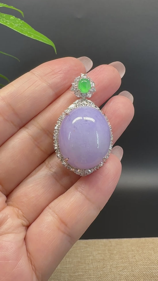 Load and play video in Gallery viewer, RealJade® Co. High-&amp;#39;end Genuine Lavender Jadeite Jade  Necklace With 18K White Gold Bail
