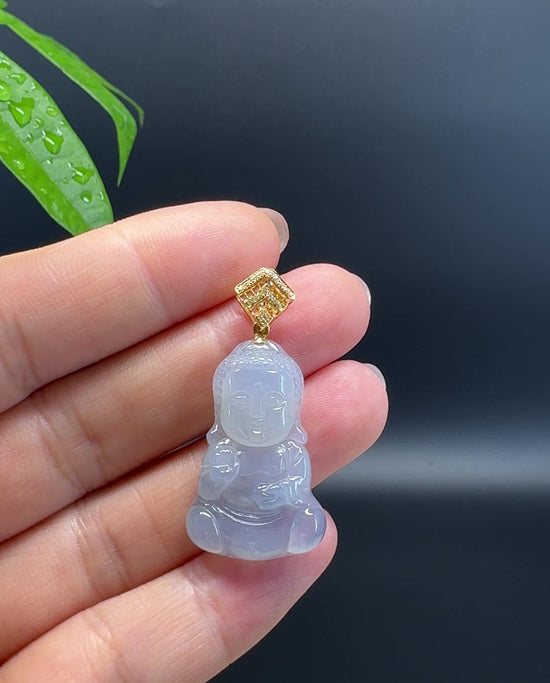 Load and play video in Gallery viewer, Burmese Icy lavender Jadeite Jade Happy Baby Buddha Pendant with Gold and Diamond Bail
